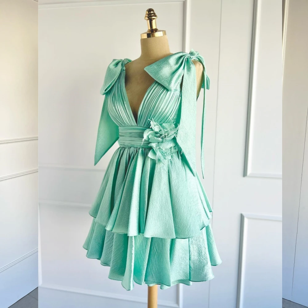 Jersey Flower Bow Pleat Celebrity A-line Off-the-shoulder Bespoke Occasion Gown  Mini Dresses