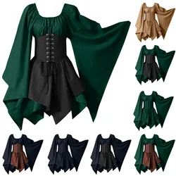 Women Vintage Gothic Style Cosplay Dresses Lace Up Waist Irregular Hem Prom Dresses Ladies Batwing Sleeves Square Collar Dresses