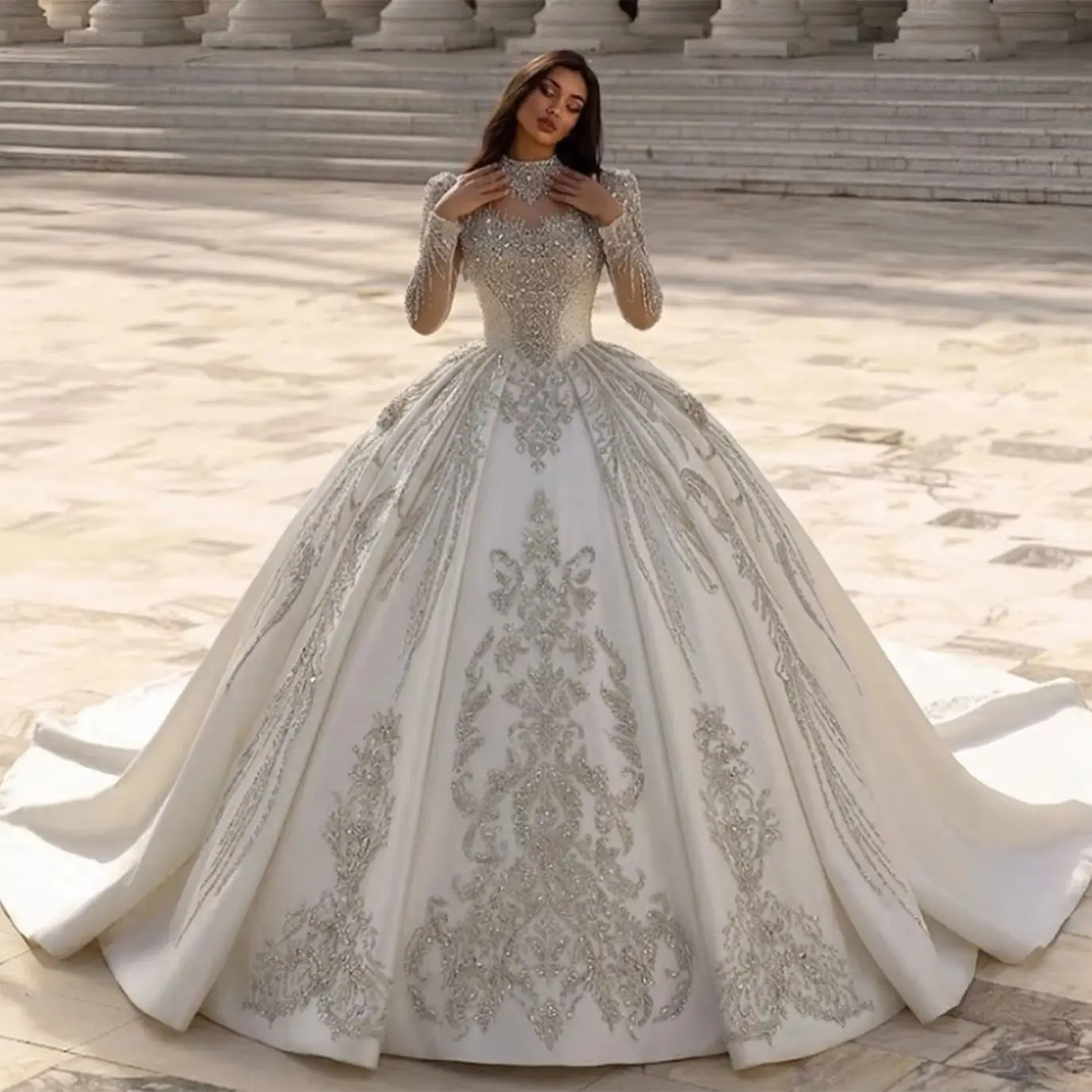 Sheer Fairy Women' s Luxurious Wedding Dress Crystals 2026 Beading Tassels Elegant Bridal Ball Gown Long Sleeve SW602 Customized