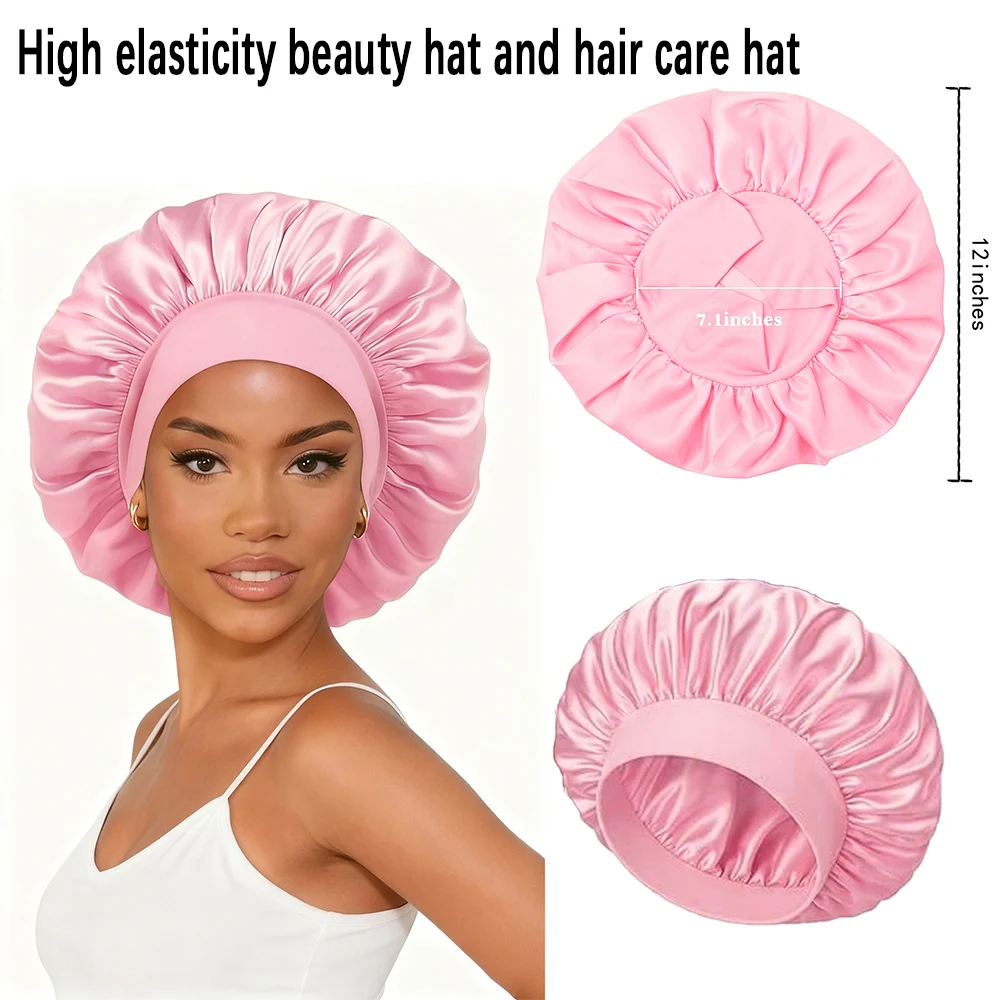 Women's wide brimmed high stretch hat, sleeping hat, hair and bath hat, high-end material silk hair care hat