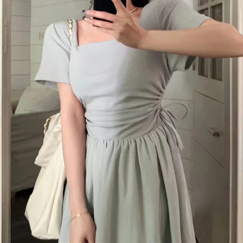 

HOUZHOU Elegant Party Dresses for Women Casual Blue Korean Chic Slim Square Long Dress Bodycone Short Sleeve Vacation Dress