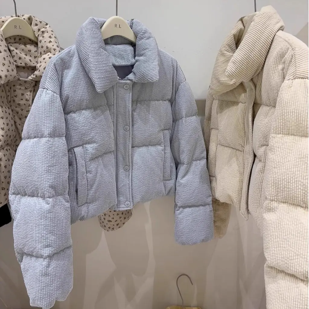 

Winter Women's Short Puffer Jacket New Style Korean Loose Fit Warm Corduroy Stand Collar Fashionable Sweet Outerwear