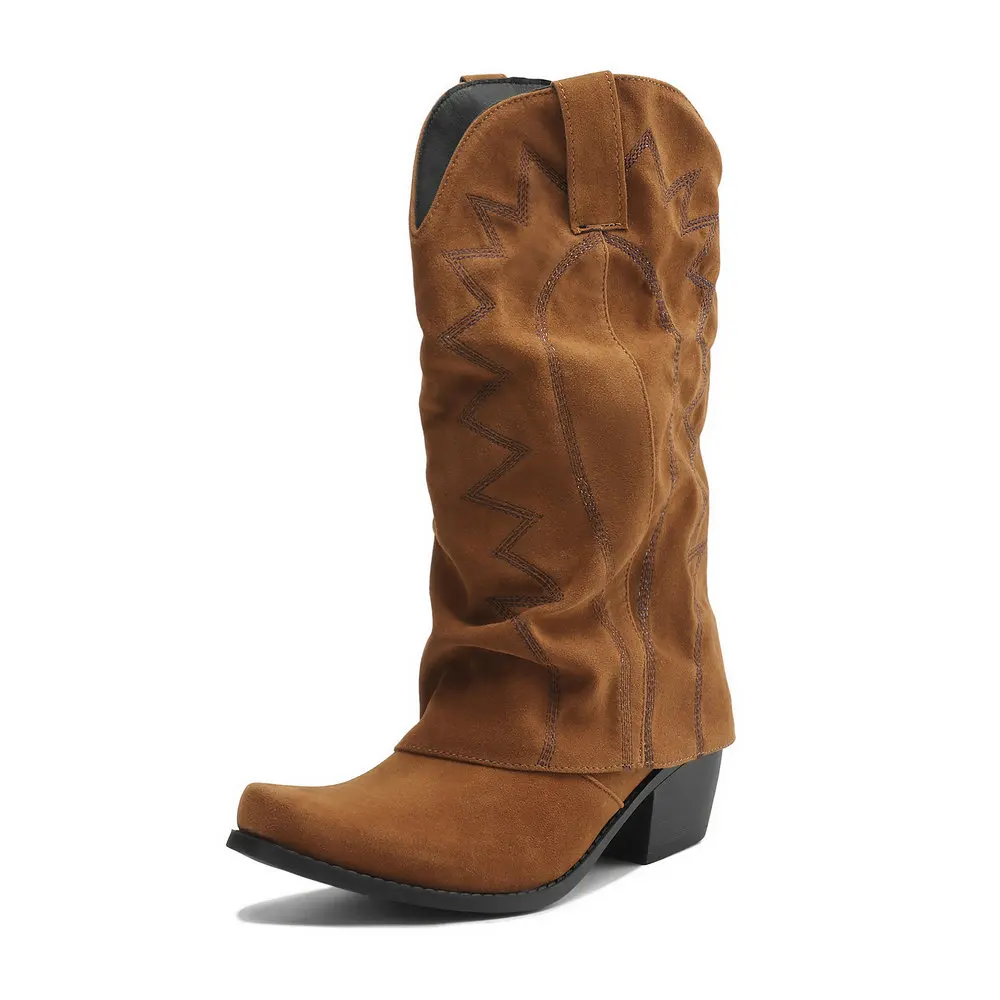 

Women's Fold Over Wide Calf Cowboy Boots Embroidery Cowgirl Western Booties Mid Calf Pull on Comfortable Chunky Heels Shoes