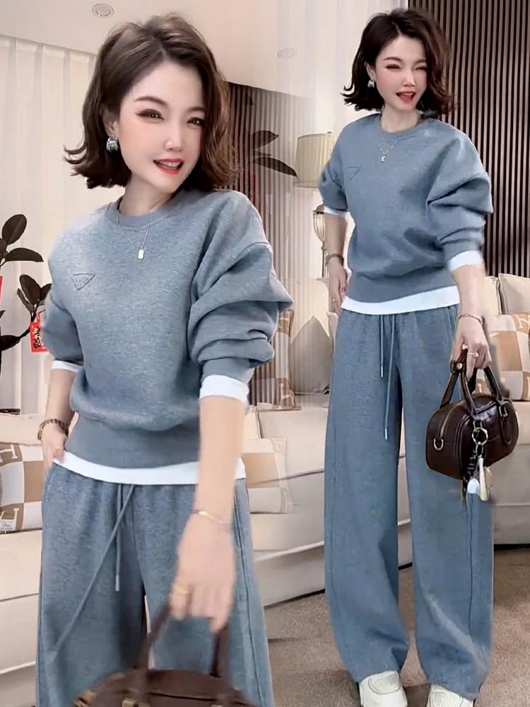 Fashion casual sportswear two piece set women's autumn 2025 new round neck pullover high waist drawstring wide leg pants