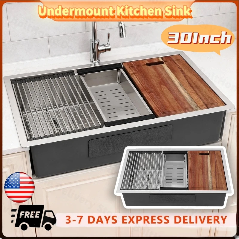 

30-inch Undermount 16 Gauge Steel Kitchen Sink Single Bowl Kitchen Sink with Bottom Grid Basket Strainer Ledge Workstation