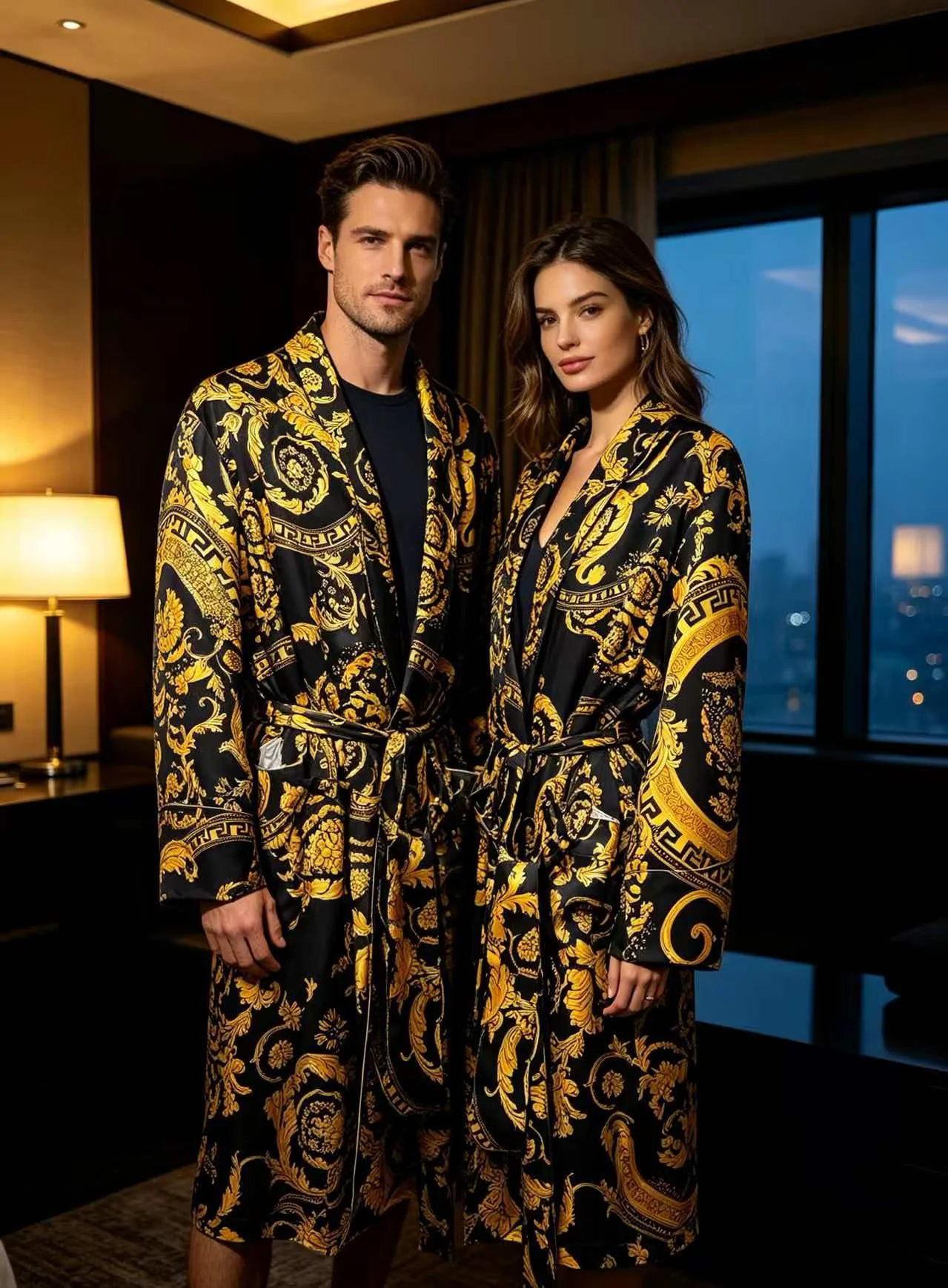 Europeancross-Border Fashion Youth Popular Digital Printing Men's Long Sleeved Button Robe Bathrobe Summer Unisex Robe