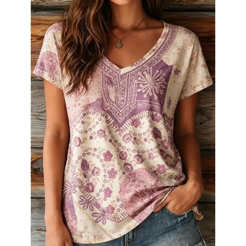 Boho Women Loose V Neck Short Sleeve Tops Retro Heart Mandala Western Ethnic Floral Print Casual Tees