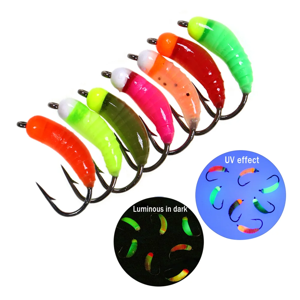 6er/7er-Set Leuchtende & UV-Messingperlen-Kopf-Caddis-Larven-Nymphen, schnell sinkende Insektenköder für Forellen – Pesca