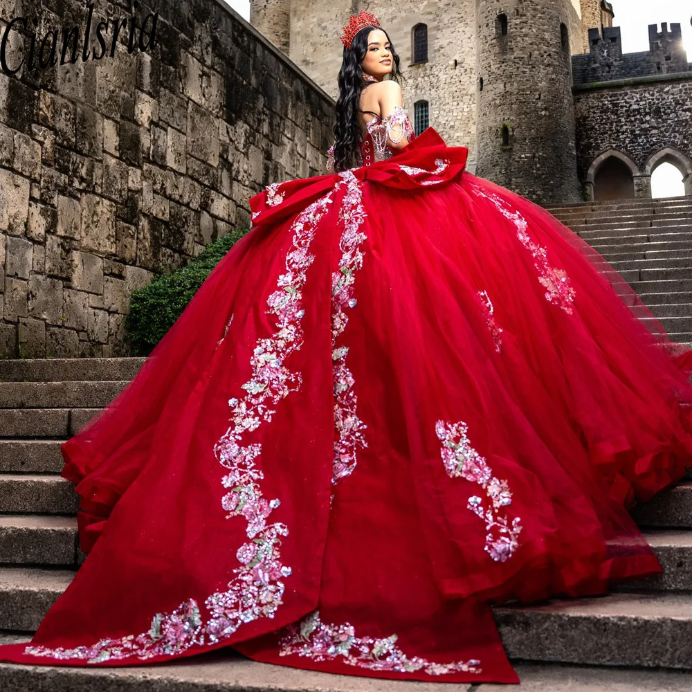 

Sparkly Red Quinceanera Dress Ball Gown Lace Applique Beading Bow Tiered Sweet 16 Vestido De 15 Anos