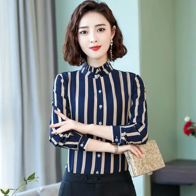 Fashion Striped Printing Shirt Tops Spring Summer New Long Sleeve Polo Neck All-match Slim Blouse Vintage Elegant Women Clothing