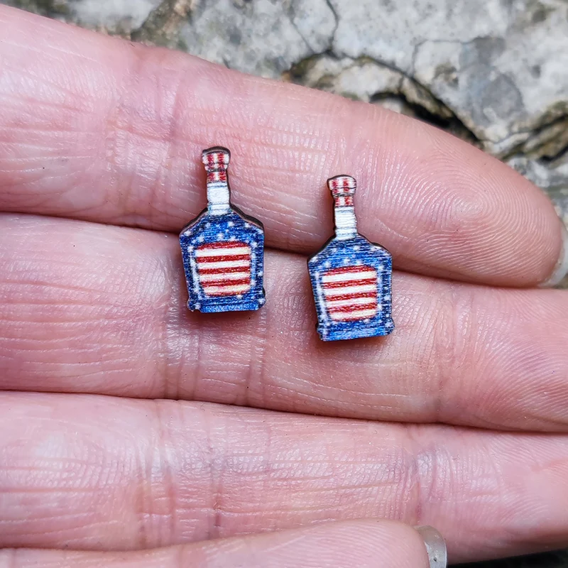 New Independence Day Colorful Printing Wood Stud Earrings National Flag Colour Wine Bottles Bull Head Rocket Boots Earrings