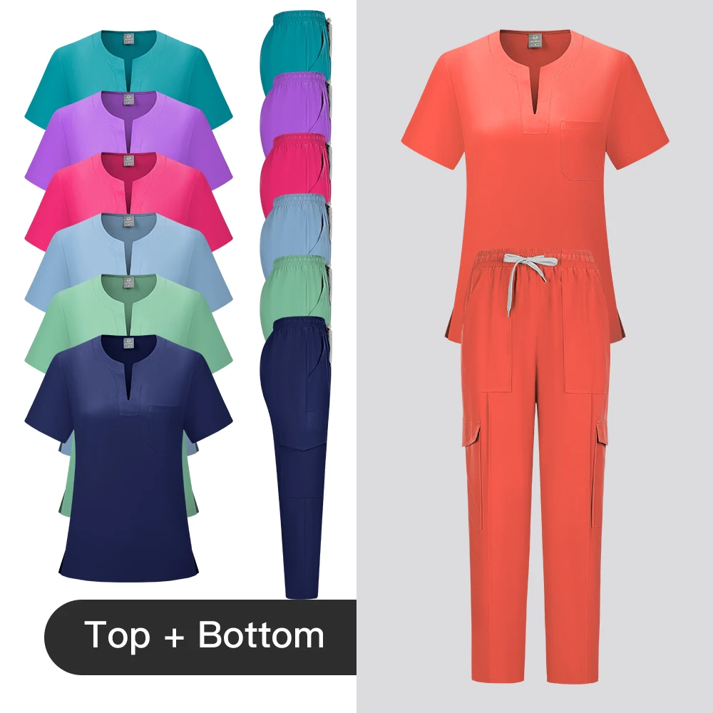 

New Style Stretch Scrub Women Nursing Uniforms Clinical Scrubs Set Nurse Doctor Dustproof Workwear Medical Scrub Top+ Pants