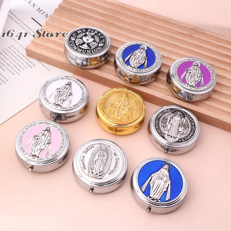 NEWRetro Metal Holy Communion Saint Benedict Rosary Gift Boxes Round Religious Jewelry Packing Case