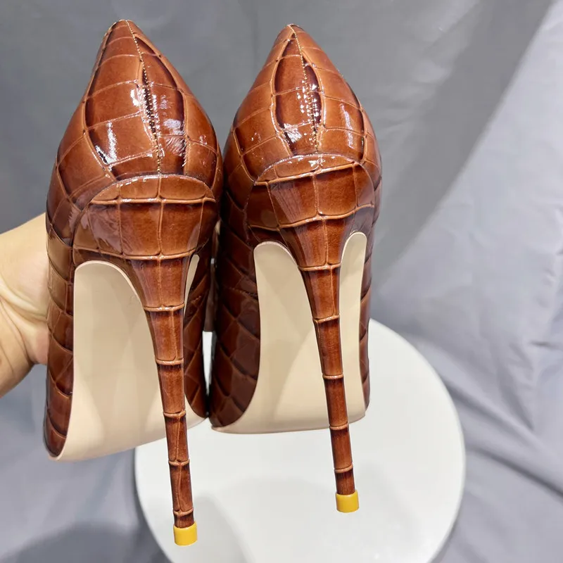 Tikicup Brown Crocodile Effect Women Sexy Pointy Toe High Heel Shoes Plus Size 33-46 Slip On Stiletto Pumps for Evening Dress