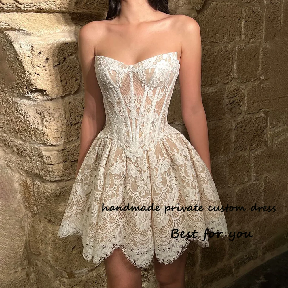 

Sexy Lace Appliques Mini Wedding Party Dresses Bone Corset Sweetheart Prom Dress Draped Tulle Short Beach Wedding Bridal Gowns