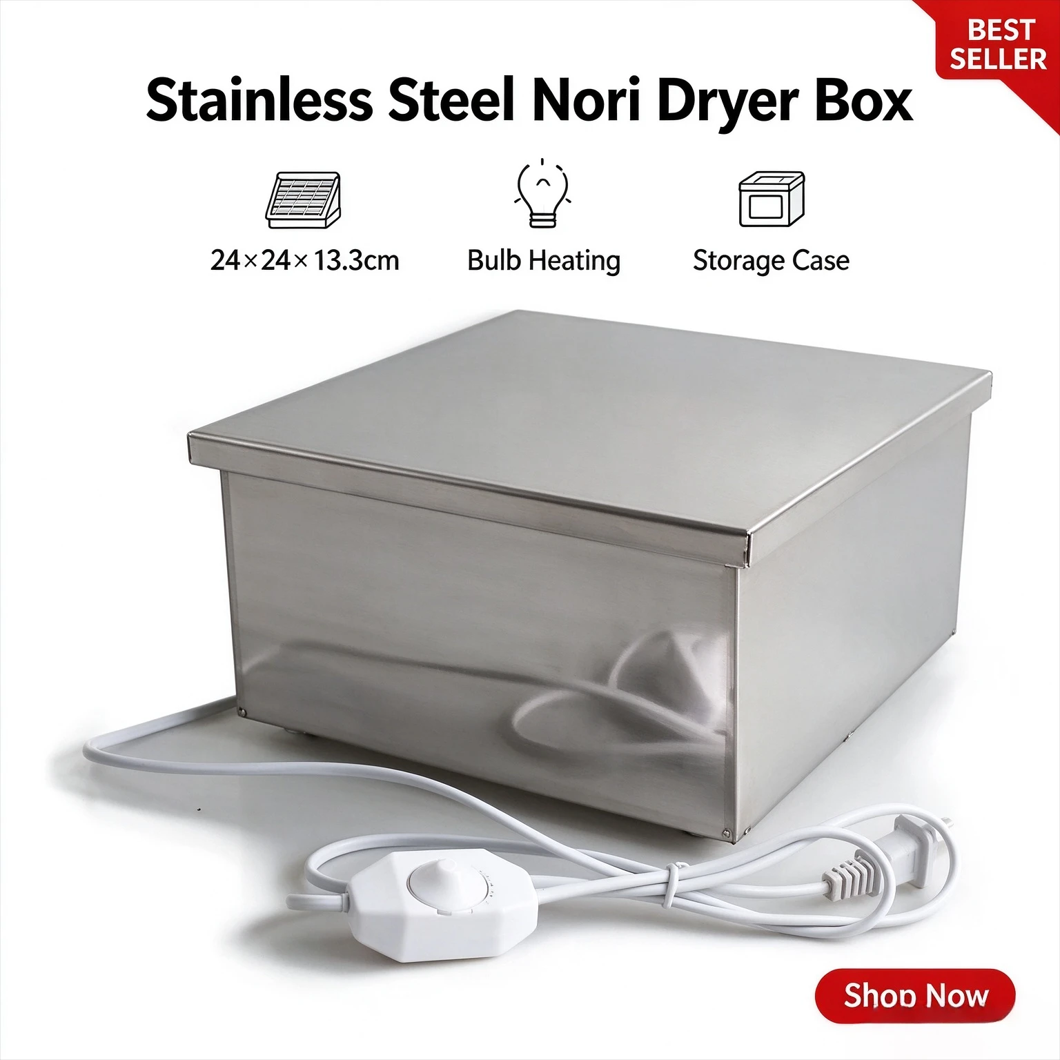 Japanese Stainless Steel Nori Dryer Box, Mirror Large 24x24x13.3cm, Bulb Heating Seaweed Drying Storage Case for Sushi