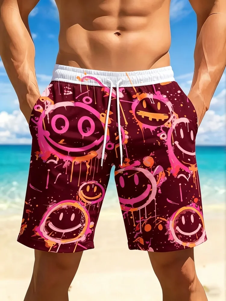 Men's Funny Face Doodle Beach Shorts Summer Quick-Dry Drawstring Casual Shorts Loose-Fit for Beach Vacations