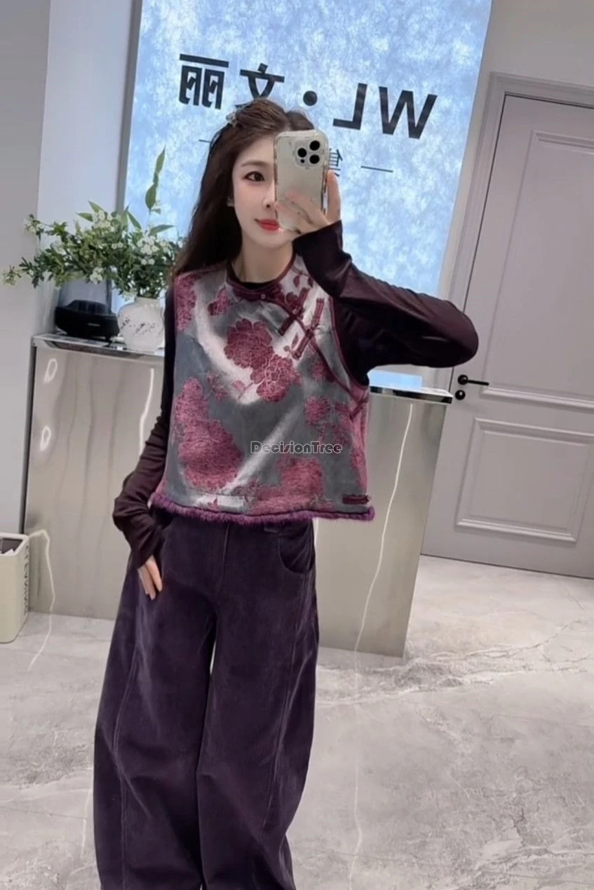 

Новинка 2025 года, женская осенне-зимняя жилетка Cheongsam без рукавов в китайском стиле, блузка, широкие брюки, повседневный комплект из трех предметов Тан