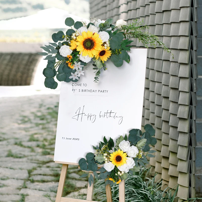 

Artificial sunflower flower golden Rustic Wedding Arch Flowers Wedding Ceremony Reception Backdrop Floral Decor Welcome sign