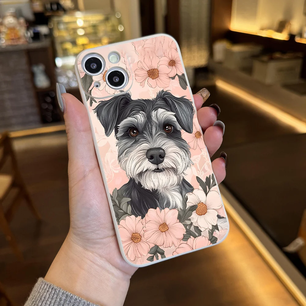Funda de teléfono de moda estética con perro Schnauzer Floral bonito para iPhone 17 a 11 Pro Max Plus regalo de cumpleaños Schnauzer para mujer
