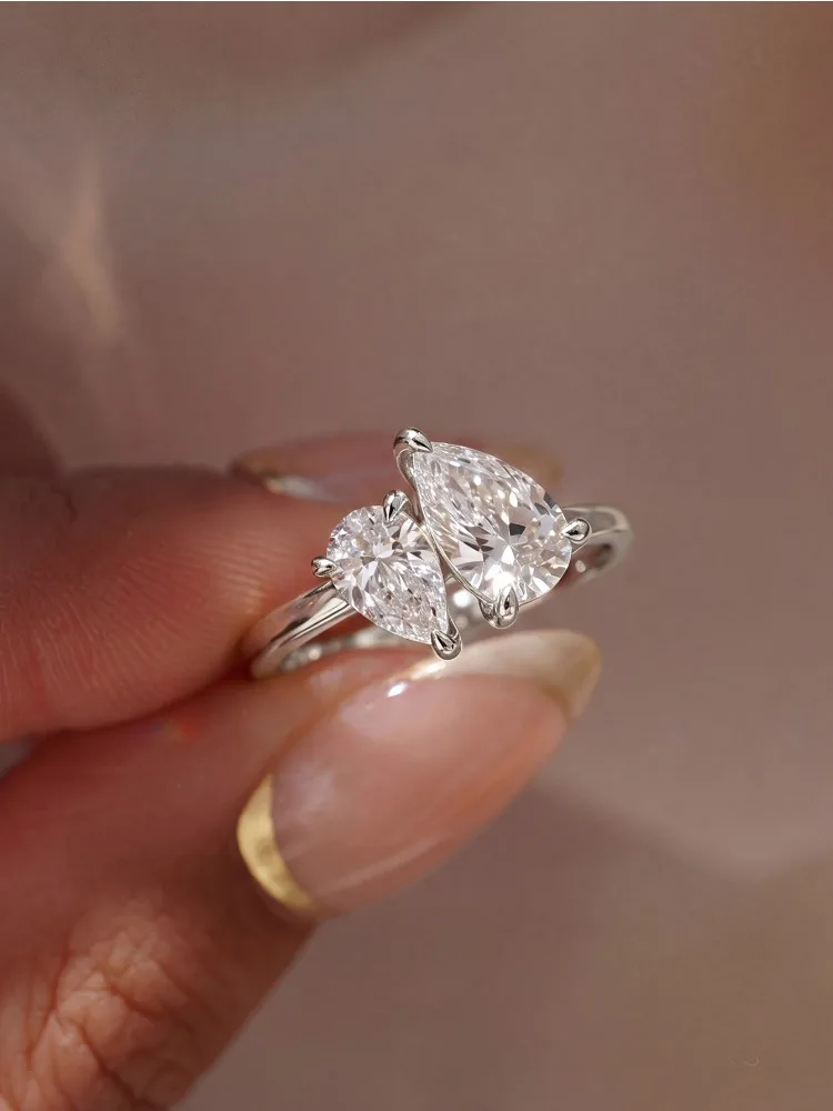 925 Sterling Silber Klassische Doppel-Wassertropfen-Form Weiße Zirkon-Ringe für Damen Verlobung Hochzeit Hochwertiger Edel-Schmuck – Detail 4