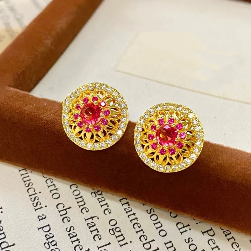 

European and American classic style red zircon rose window earrings light luxury full of micro-inlaid weave red corundum earring