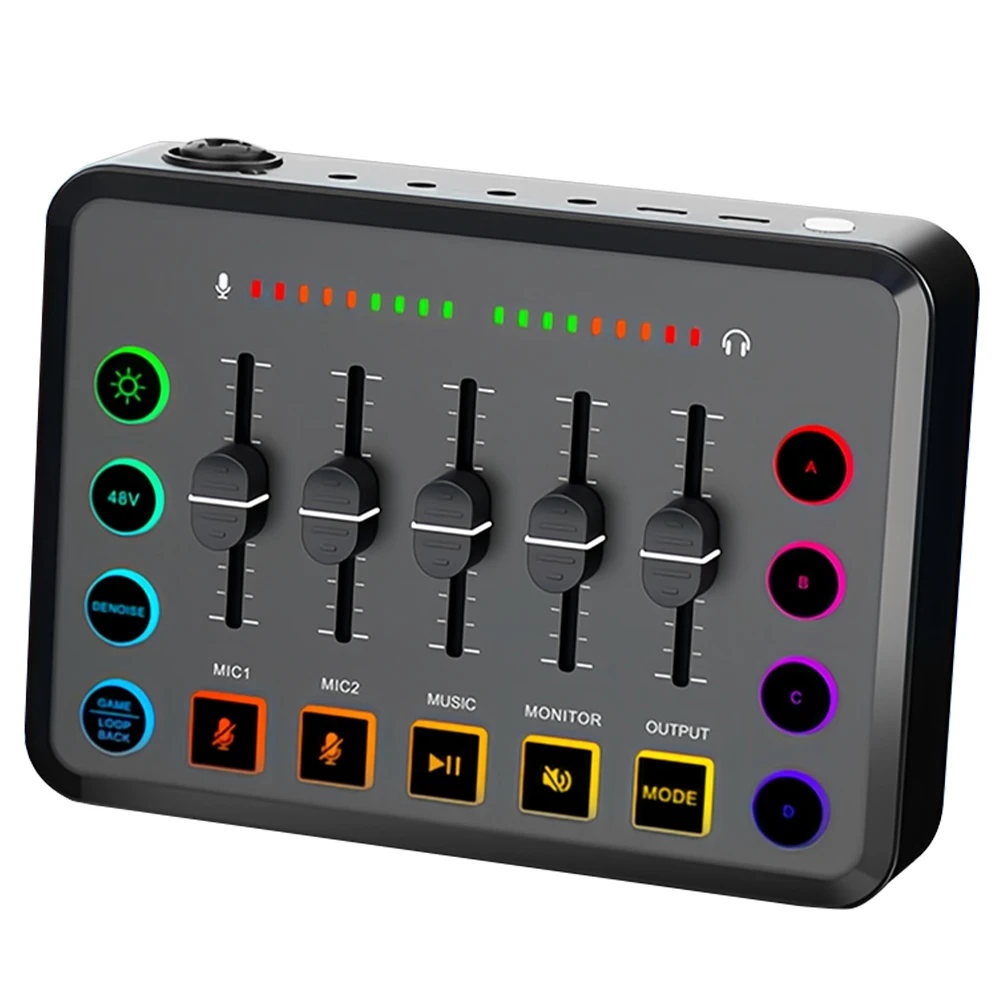 Live Sound Card Gaming Audio Mixer 48V Phantom Power Streaming RGB PC Mixer Professional Audio Mixer for Live Streaming Singing