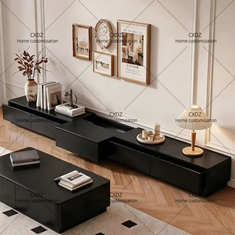 XXsolid wood coffee table combination living room home new pull-out black TV cabinet