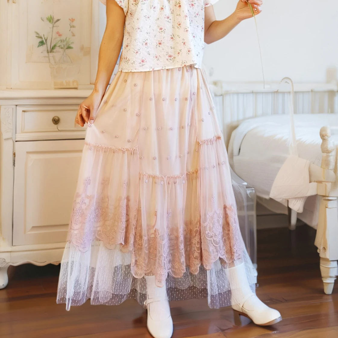 Japanese Mori Girl Sweet Lolita Lace Embroidery Double Layer Skirt Women Summer Elastic Waist Asymmetry Kawaii Fairy Long Skirt