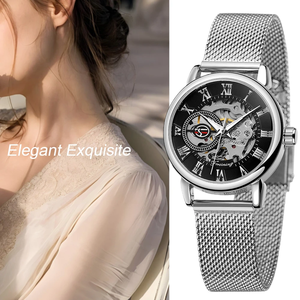 FORSINING الكلاسيكية الهيكل العظمي اليد الرياح الميكانيكية ووتش الفاخرة الأنيقة المرأة الساعات الأرقام الرومانية رائعة جوفاء السيدات على مدار الساعة