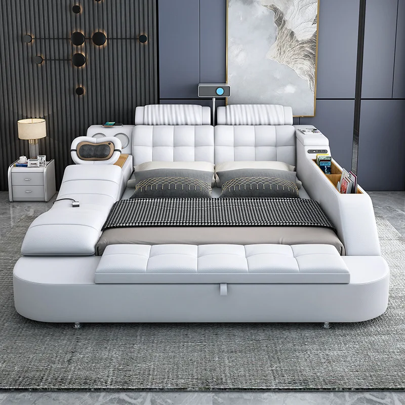 

#Large Modern Multifunctional Smart Bedroom Furniture Leather Upholstery Double Sofa Bed Projection Massage Tatami