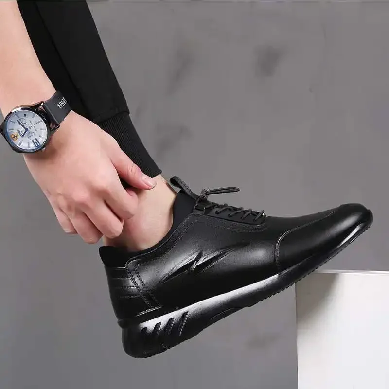 New Men\'s Vulcanize Shoes Men Casual Shoes Leather Design Shoes Height Increase 8Cm Gym Business Fashion Male Sneakers New Black