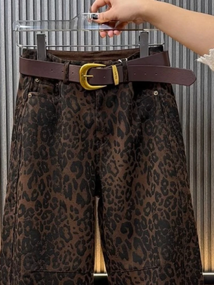 Women Washed Cotton Slacks Fashion Retro Leopard Print Straight Pants Winter High Waist Fleece-Lined Thickened Wide-Leg Trousers