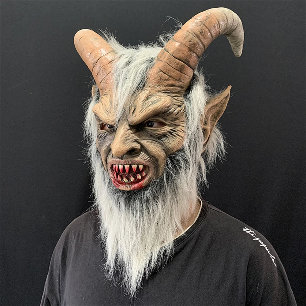 Men's Krampus Demon Mask Movie Cosplay Sheep's Horn Devil Head Cover Halloween Party Horror Dress Up Lucifer Demon Latex Masks