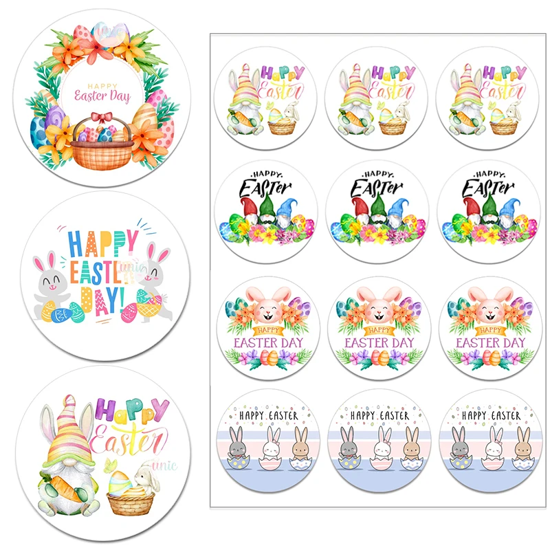 Happy Easter Stickers Cute Rabbit Gnomes Bunny Egg Self Adhesive Seal Label Sticker for Easter Party Gift Bag Decor 3.5/4.5cm