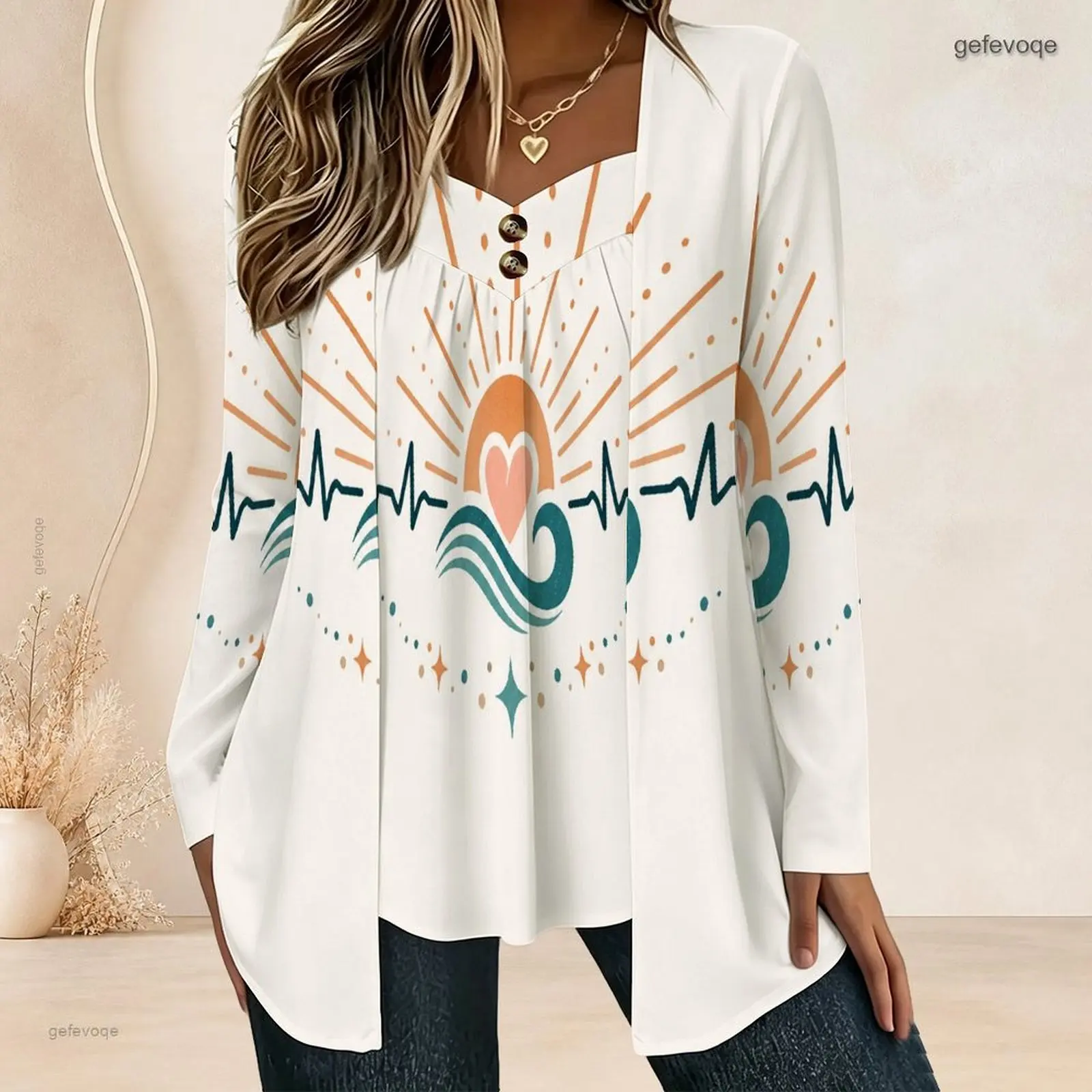 Women Fake Two Piece Long Sleeve Blouse Open Cardigan With Cami Top V Neck Button Detail Pleated Front Loose Tunic Oversize