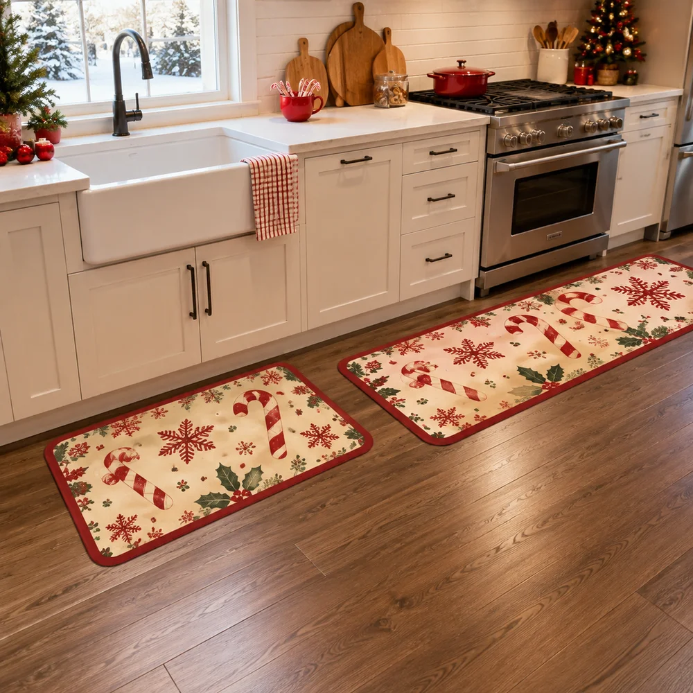 VIKAMA 1pc/2pc New Style Hot-selling Christmas Kitchen Floor Mat Easy to Clean Laundry Room Dining Room Flannel Rug Home Decor