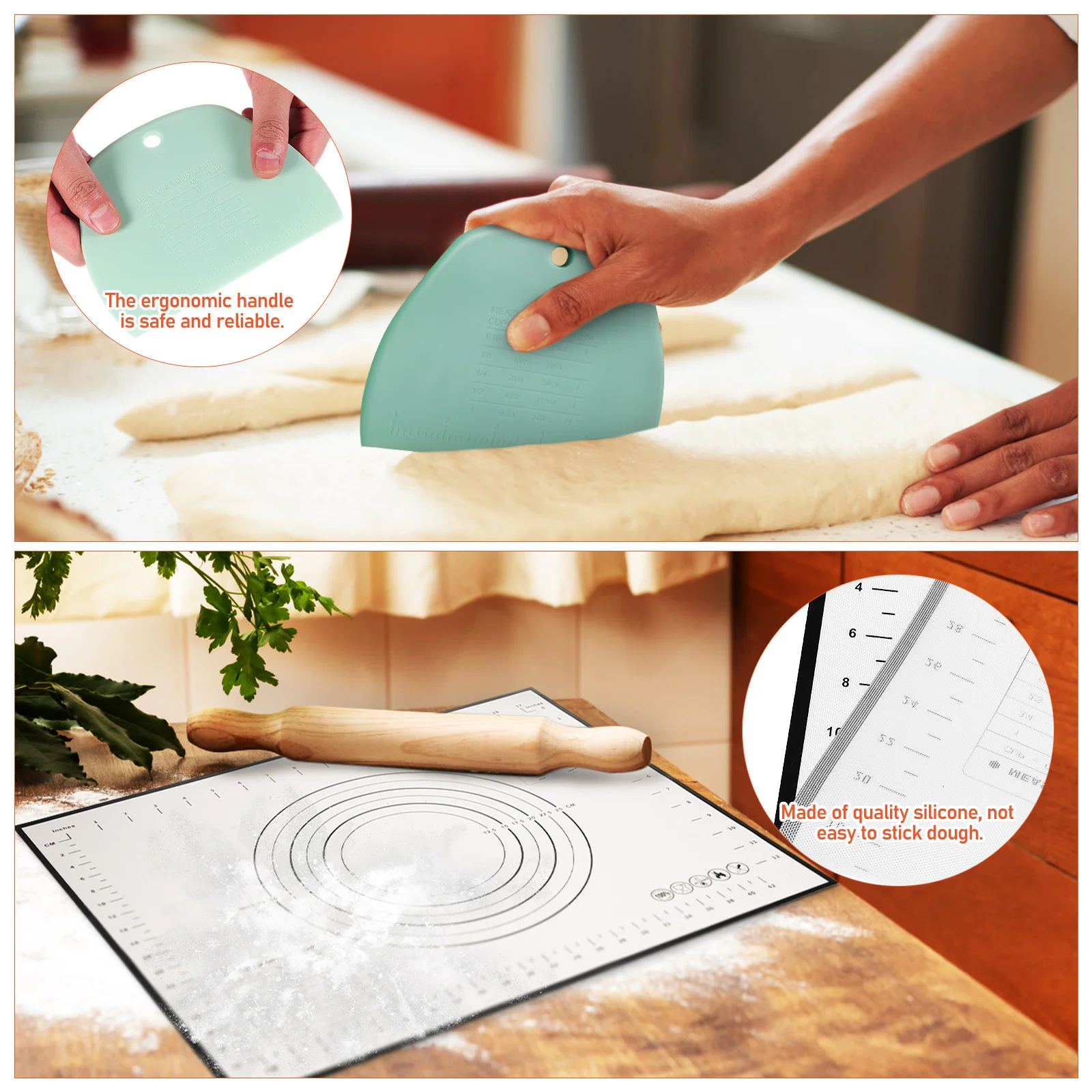 

1Set Silicone Dough Rolling Mat Nonstick Baking Pastry Mat with Measurement Markings and PP Dough Scraper Multipurpose Food