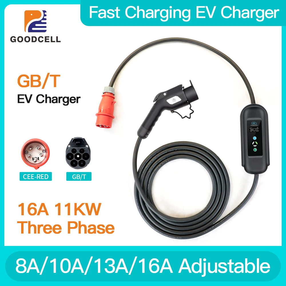 Adjustable Current Ev Charger GBT 11kw 16A 3P Charging For Electric Vehicle Chinese PHEV Hybrid Cars Wallbox 5M CEE Red Plug