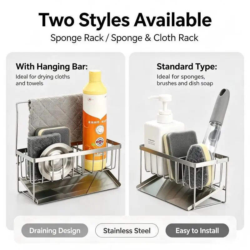 Stainless Steel Sink Organizer with Drainage Tray,Dishcloth Sponge Holder,Countertop Kitchen Storage Rack for Soap and Scrubber