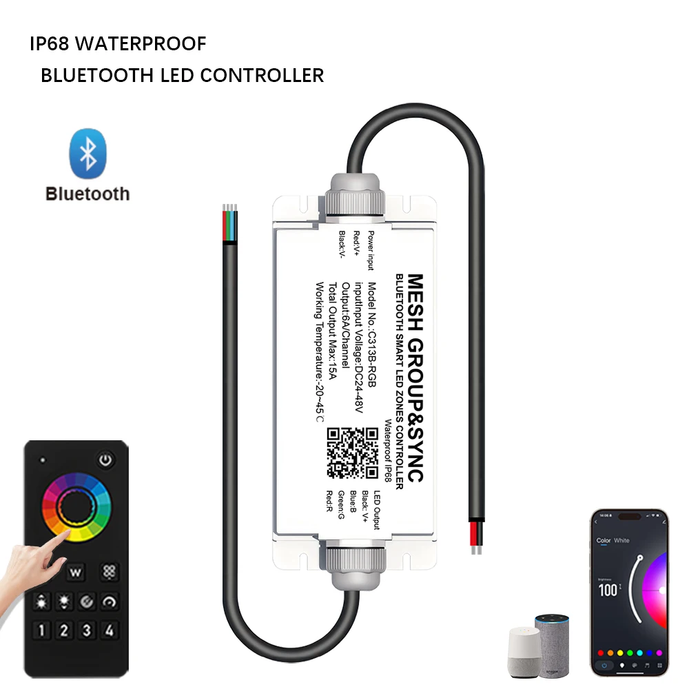 IP68 Waterproof Bluetooth Sync Tuya Smart APP 4 Zone Remote Speaker Control Swimming Pool Project 1-5Pin Controller DC24/48V