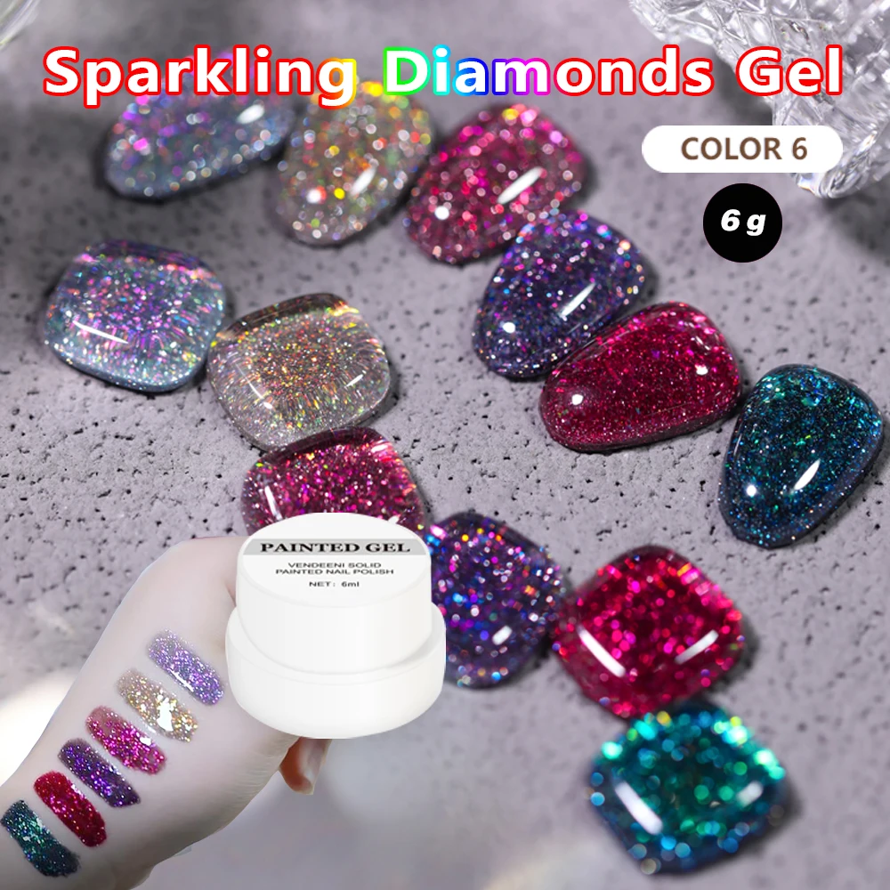 

Vendeeni 6 Colors Rainbow Reflective Broken Diamond Gel Nail Polish Soak Off UV LED Aurora Glitter Sequins Manicure Nail Varnish