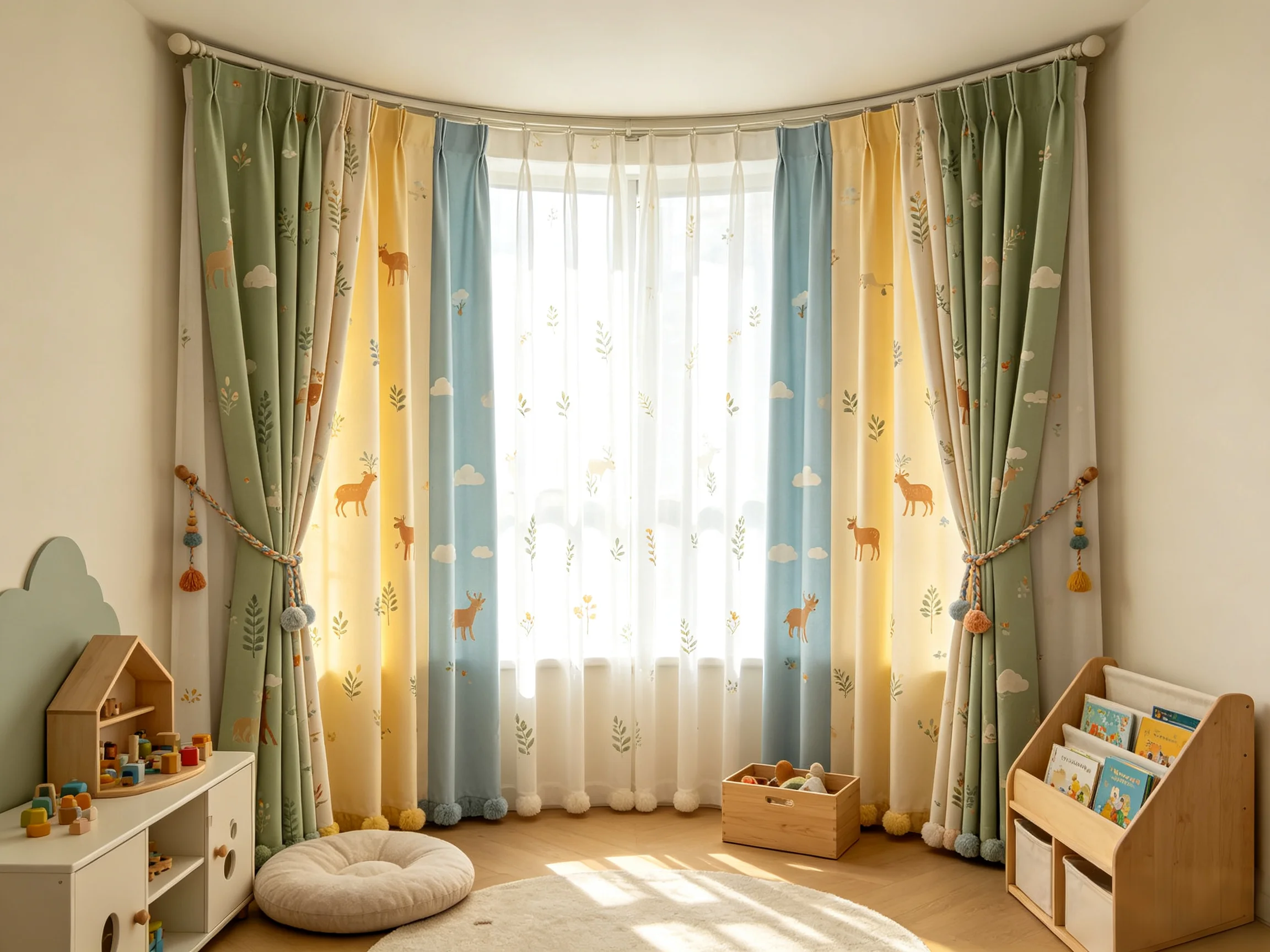 200244   Sage Green Forest Animal Pattern Curtain | Gentle Nursery Room