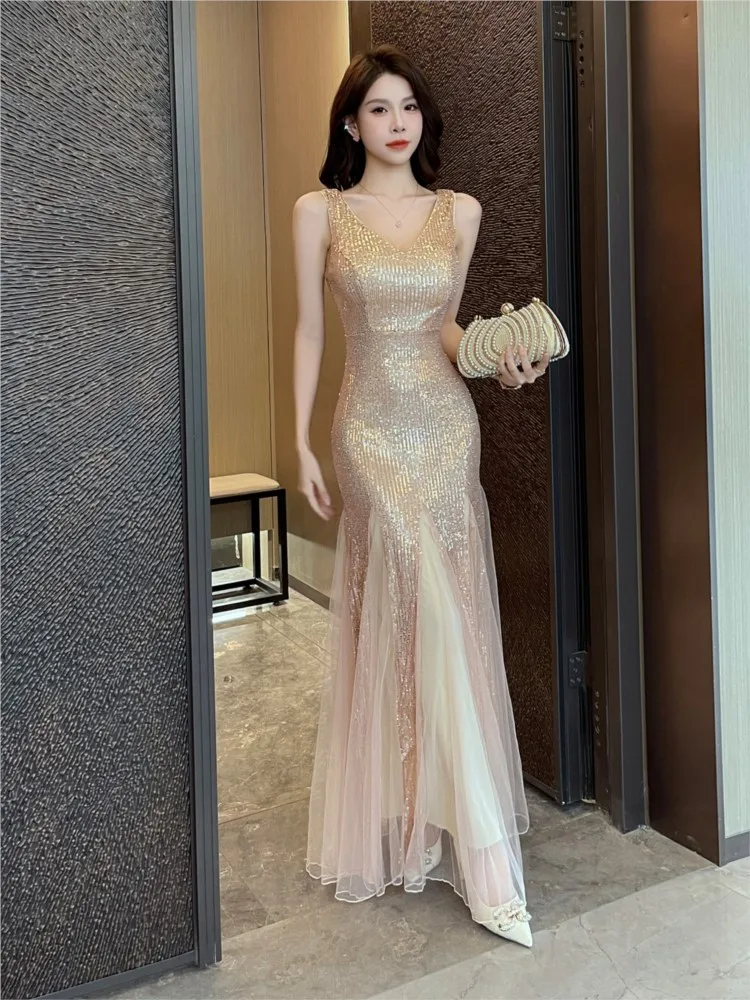 

Elegant and light luxury banquet Birthday sequined host gift net gauze fishtail long dress