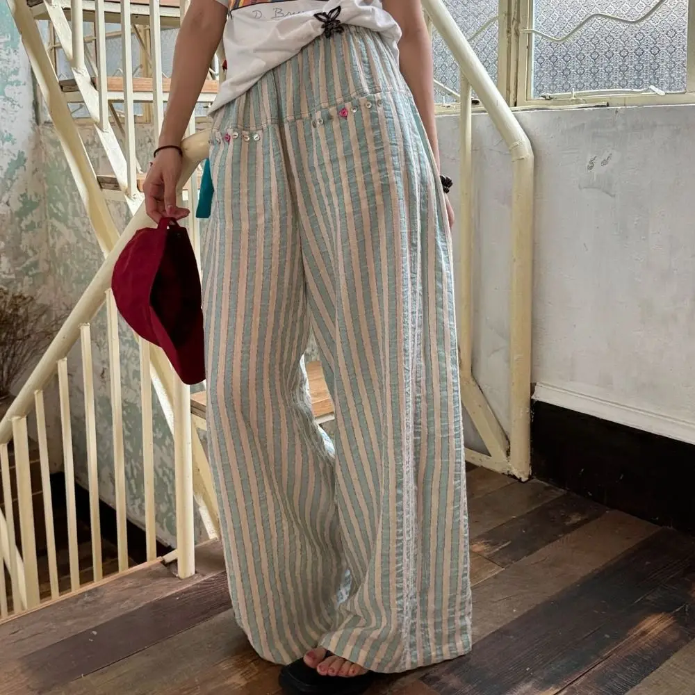 Pantaloni lunghi a righe casual dolce chic Pantaloni larghi a vita alta Pantaloni sottili Pantaloni a gamba dritta da donna