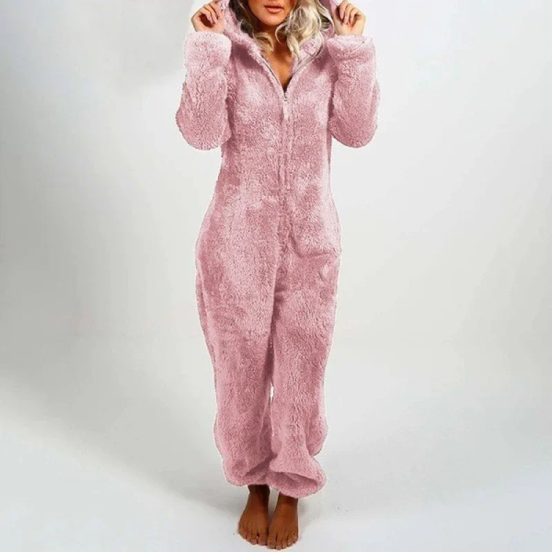 2023 New Women's Autumn/Winter Fleece-Lined Thickened Jumpsuit Hooded Sleepwear Cross-Border Foreign Trade Female Clothing