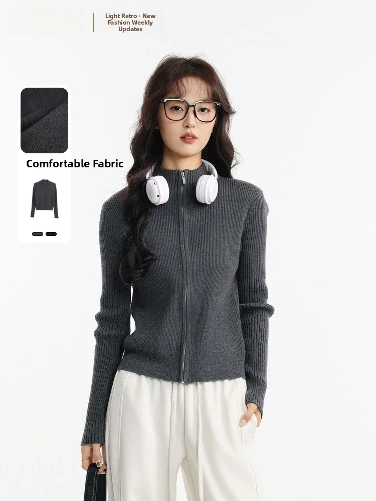 

Открытый кардиган с эффектом памяти, свитер, зима 2025, универсальный утягивающий маленький вязаный свитер с высоким воротником 69AD59003W