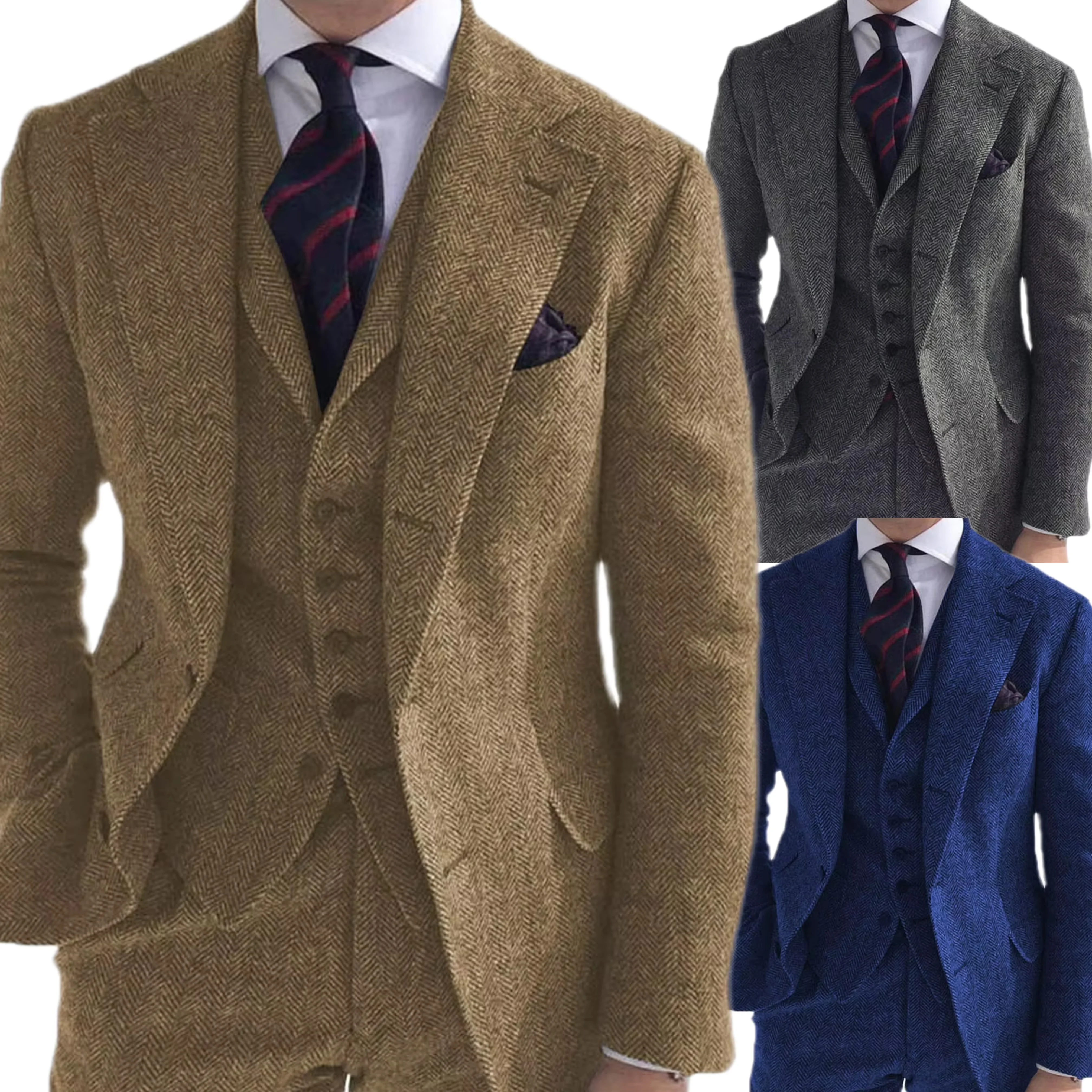 

High Quality Men's Suit Set Fashion Wool Tweed Herringbone 3 Pieces Jacket Pants Vest Slim Fit Formal Wedding Groom's Coats New