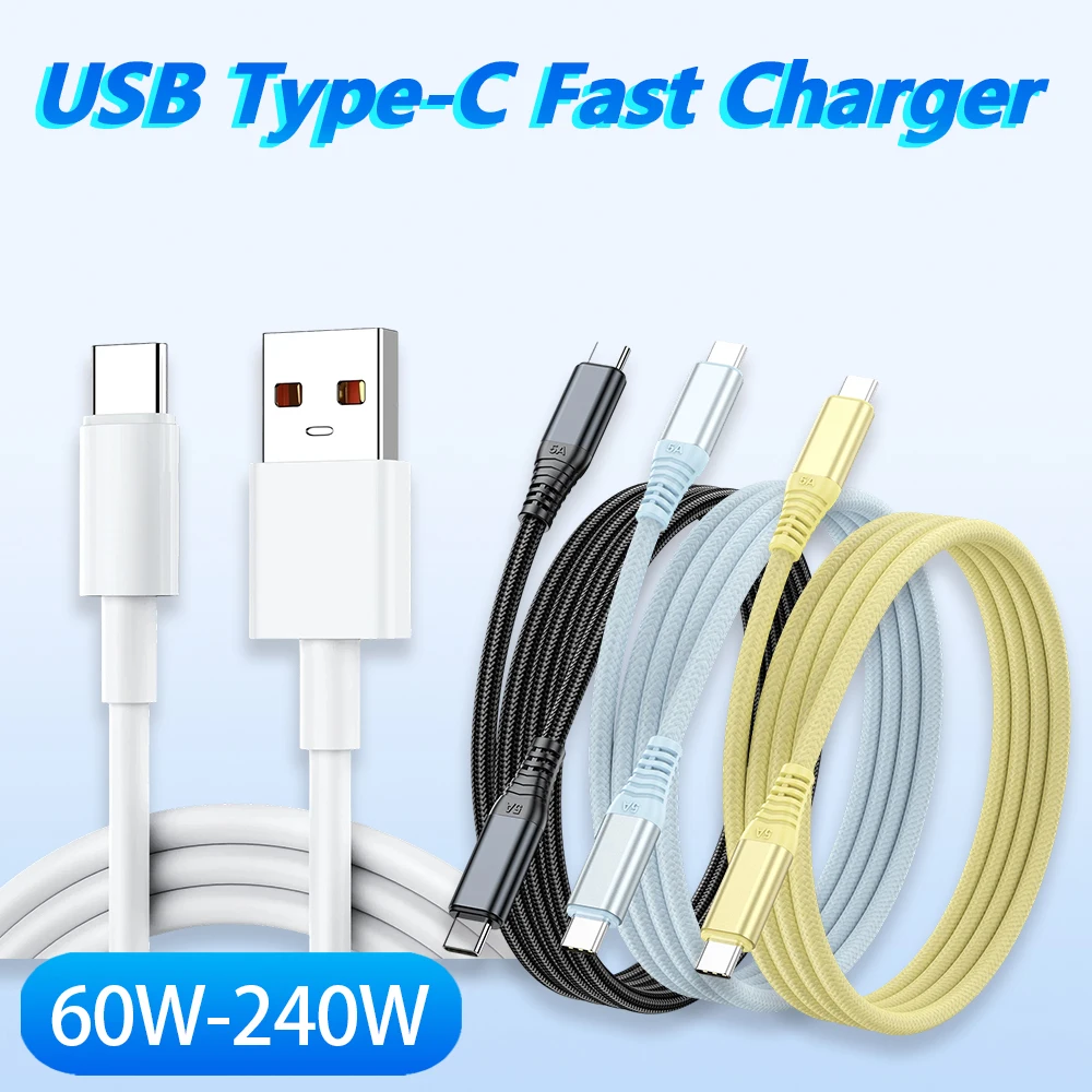 

PD 60W 240W Fast Charger 5A USB A to Type C Cable For Apple iPhone 17 16 15 Huawei Samsung Xiaomi Quick Charging Data 1M 2M