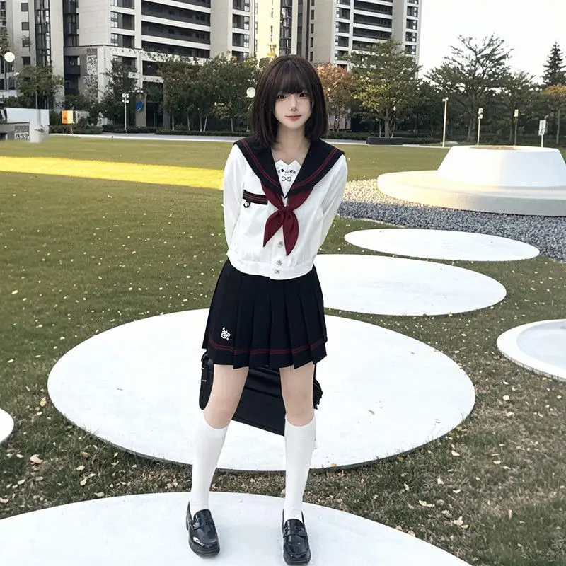 ญี่ปุ่นเกาหลี Campus สไตล์แมวน่ารักชุดกะลาสีเย็บปักถักร้อย JK แขนยาวชุดเครื่องแต่งกาย JK สีดําและสีฟ้า 2-TONE